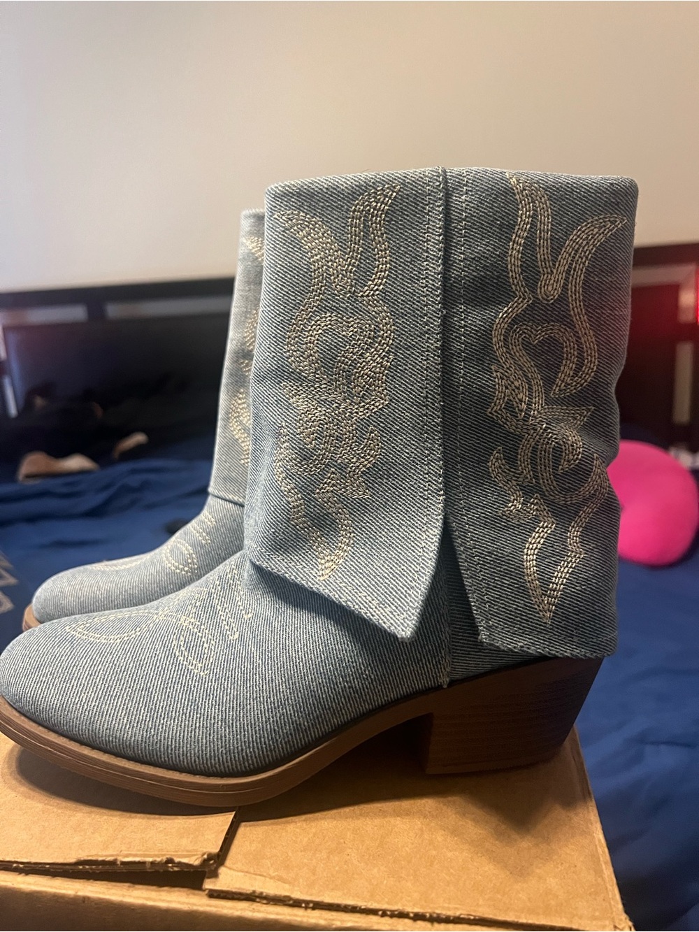 Denim Embroidered Ankle Western Boots - Light Blue